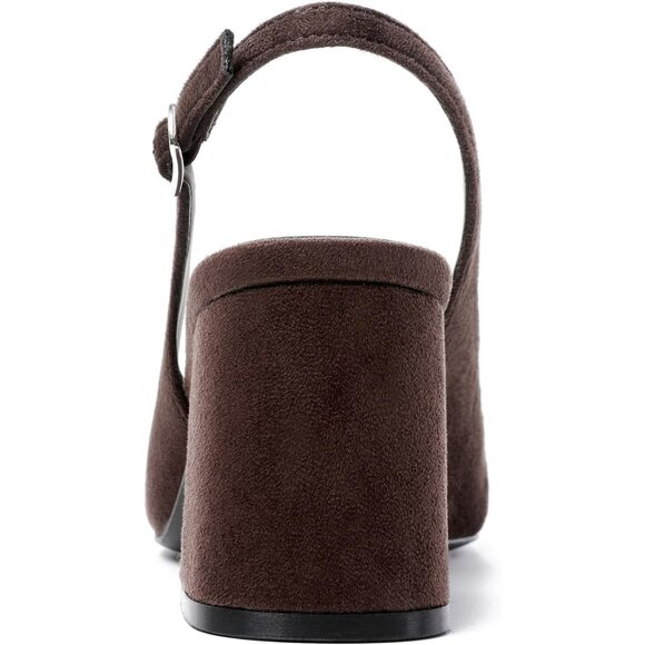 Women's Brown 3 Pointed Closed Toe Slingback Chunky Heels Office Work Pump Shoes - Picture 6 of 9